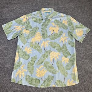 Tori Richard Mens Hawaiian Shirt Large Blue Beige Aloha Button Up Floral Silk